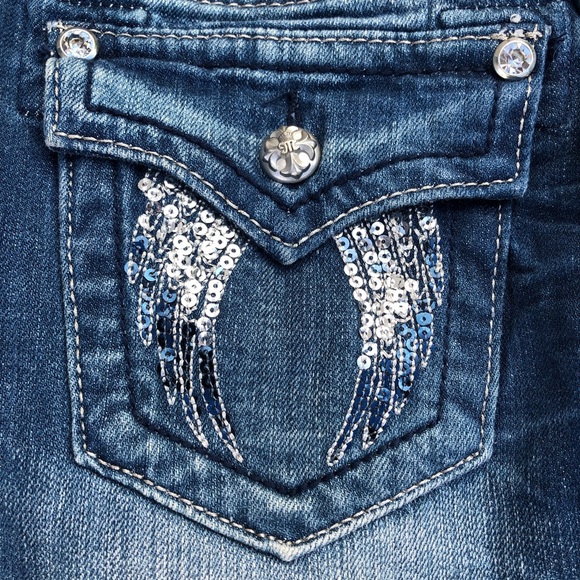 MISS ME Bling Sequin Angel Wings Denim Skirt 26 - Picture 6 of 8